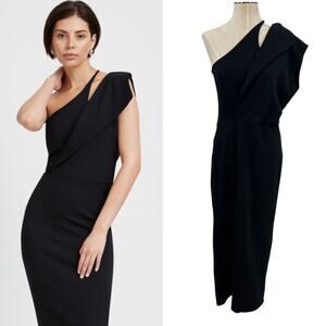 Marcella NYC Tiffany Dress Midi Bodycon Asymmetric Sleeve Black Size Small